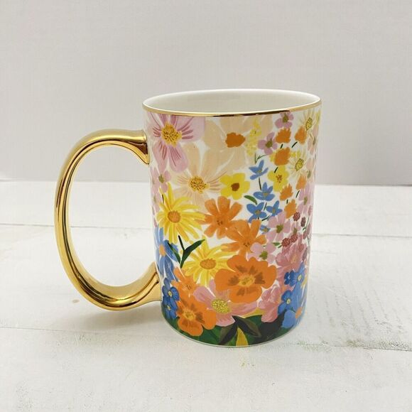 Rifle Paper Co Marguerite 12 oz Mug Anthropology Bright Floral Gold Handle Trim - Picture 2 of 7